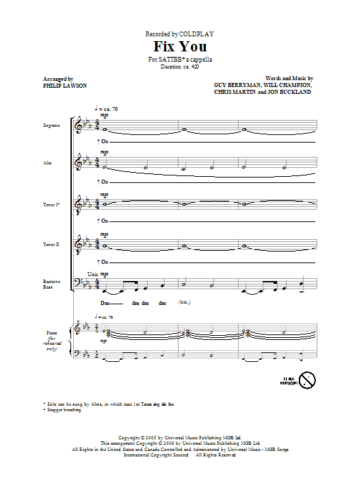 Coldplay Fix You (arr. Philip Lawson) sheet music notes and chords. Download Printable PDF.