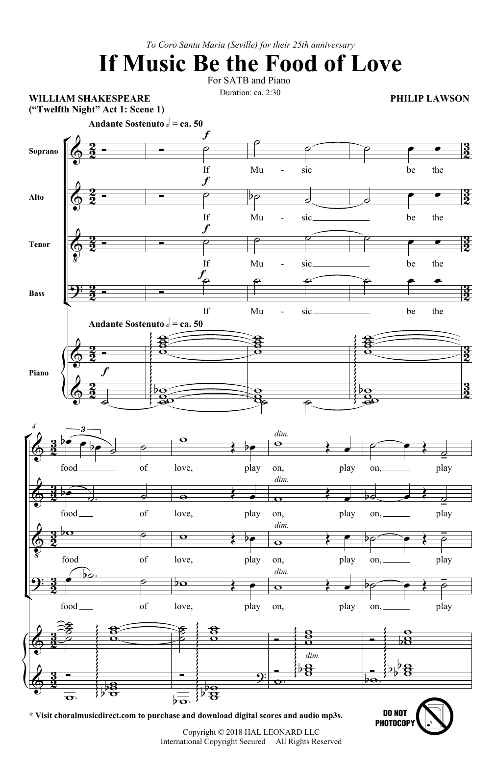 Learn to play Philip Lawson If Music Be The Food Of Love sheet music for SATB Choir in minutes. Price: 3.9900$ Philip Lawson If Music Be The Food Of Love sheet music notes and chords arranged for SATB Choir