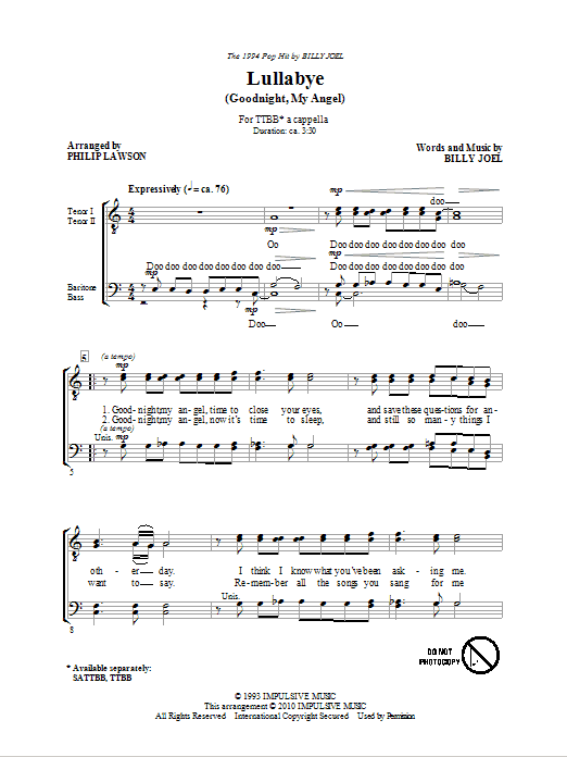 Learn to play Philip Lawson Lullabye (Goodnight, My Angel) sheet music for TTBB Choir in minutes. Philip Lawson Lullabye (Goodnight, My Angel) sheet music notes and chords. Download Printable PDF.