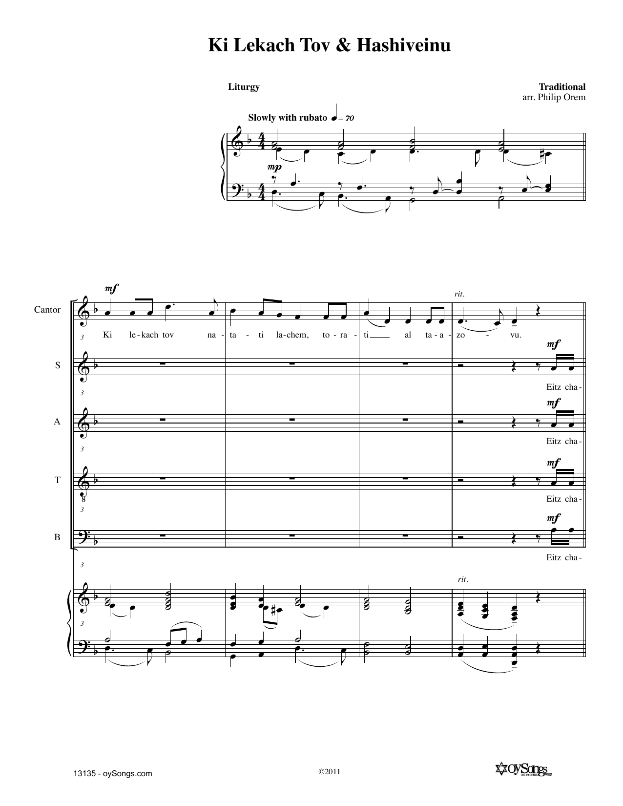 Learn to play Philip Orem Ki Lekach Tov, Eitz Chayim Hi, Hashivenu sheet music for SATB Choir in minutes. Price: 3.9900$ Philip Orem Ki Lekach Tov, Eitz Chayim Hi, Hashivenu sheet music notes and chords arranged for SATB Choir