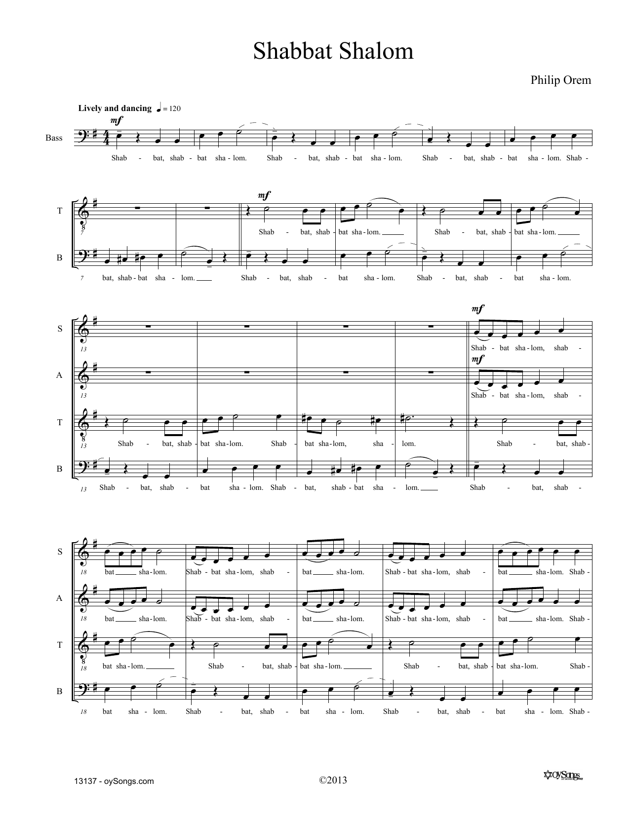 Philip Orem Shabbat Shalom sheet music notes and chords. Download Printable PDF.