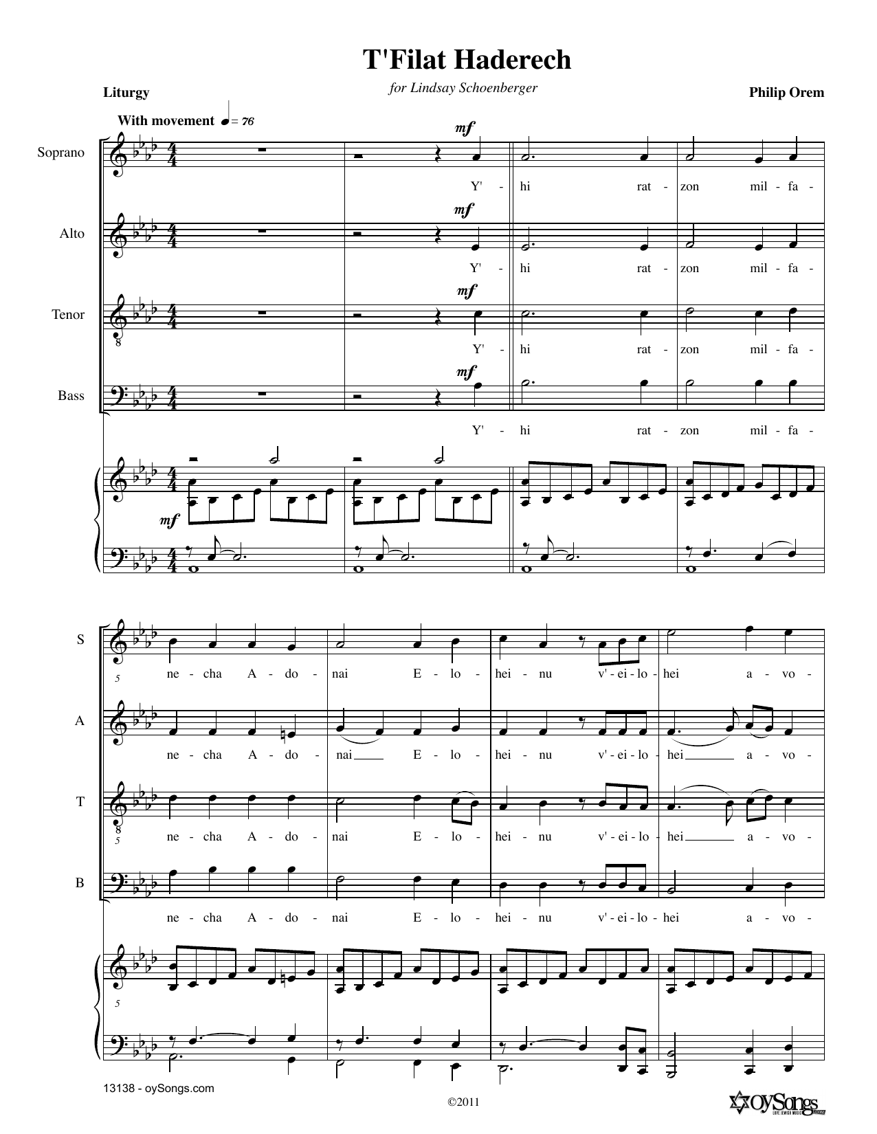 Learn to play Philip Orem T'filat Haderach sheet music for SATB Choir in minutes. Price: 3.9900$ Philip Orem T'filat Haderach sheet music notes and chords arranged for SATB Choir