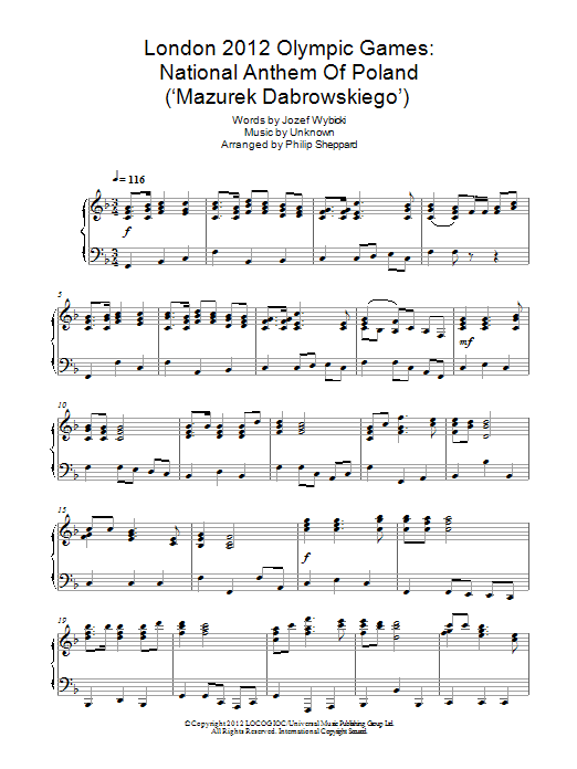 Learn to play Philip Sheppard London 2012 Olympic Games: National Anthem Of Poland ('Mazurek Dabrowskiego') sheet music for Piano Solo in minutes. Philip Sheppard London 2012 Olympic Games: National Anthem Of Poland ('Mazurek Dabrowskiego') sheet music notes and chords. Download Printable PDF.