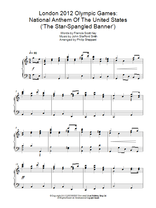 Learn to play Philip Sheppard London 2012 Olympic Games: National Anthem Of The United States ('The Star-Spangled Banner') sheet music for Piano Solo in minutes. Philip Sheppard London 2012 Olympic Games: National Anthem Of The United States ('The Star-Spangled Banner') sheet music notes and chords. Download Printable PDF.