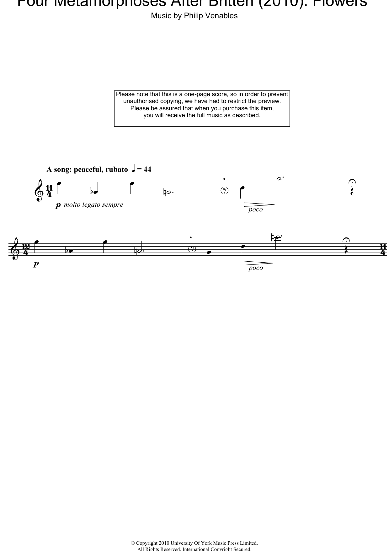 Learn to play Philip Venables Four Metamorphoses After Britten (2010): Flowers sheet music for Oboe Solo in minutes. Price: 5.9900$ Philip Venables Four Metamorphoses After Britten (2010): Flowers sheet music notes and chords. Download Printable PDF.