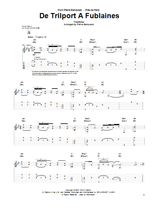 Learn to play Pierre Bensusan De Trilport A Fublaines sheet music for Guitar Tab in minutes. Pierre Bensusan De Trilport A Fublaines sheet music notes and chords. Download Printable PDF.