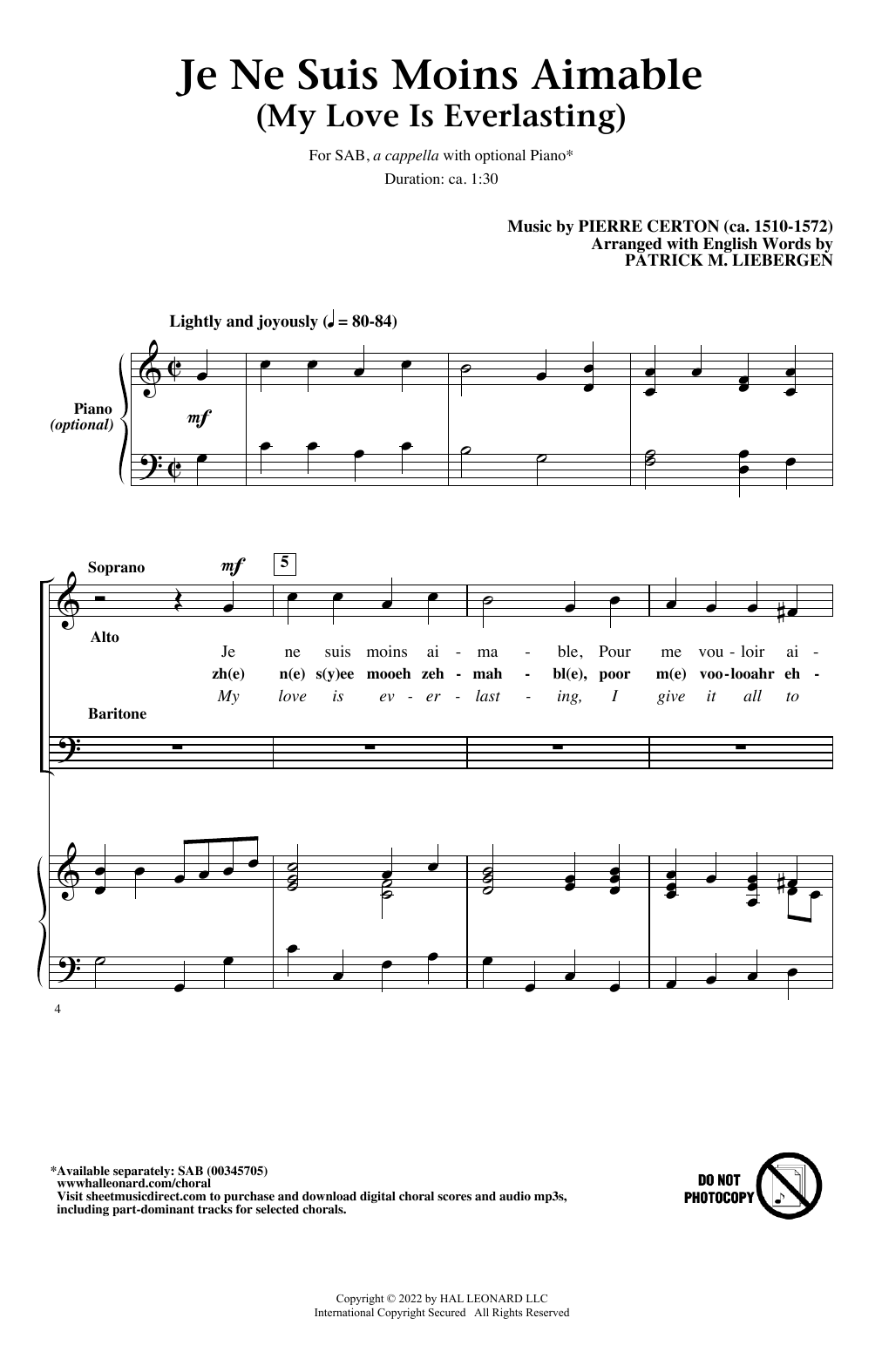 Learn to play Pierre Certon Je Ne Suis Moins Aimable (My Love Is Everlasting) (arr. Patrick M. Liebergen) sheet music for SAB Choir in minutes. Price: 3.9900$ Pierre Certon Je Ne Suis Moins Aimable (My Love Is Everlasting) (arr. Patrick M. Liebergen) sheet music notes and chords arranged for SAB Choir