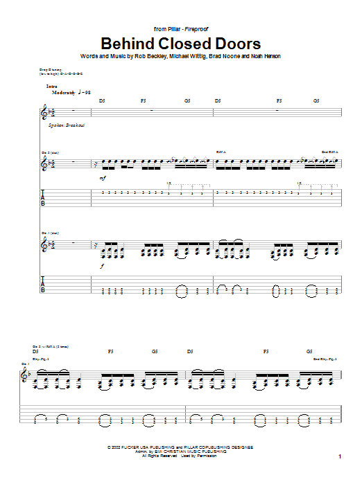 Pillar Behind Closed Doors Sheet Music Notes Chords Download Printable Guitar Tab Sku 25448