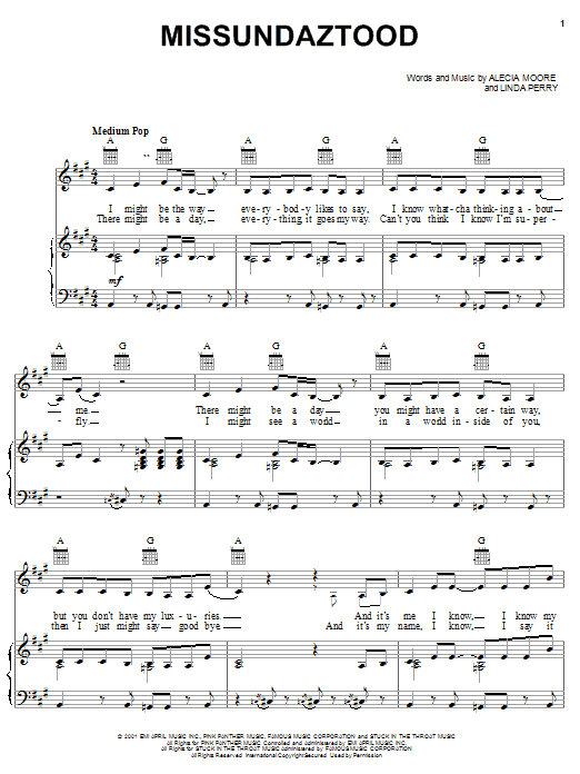 Learn to play Pink Missundaztood sheet music for Piano, Vocal & Guitar (Right-Hand Melody) in minutes. Pink Missundaztood sheet music notes and chords