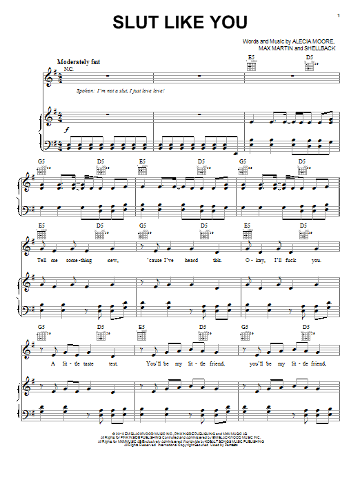Learn to play Pink Slut Like You sheet music for Piano, Vocal & Guitar (Right-Hand Melody) in minutes. Pink Slut Like You sheet music notes and chords. Download Printable PDF.