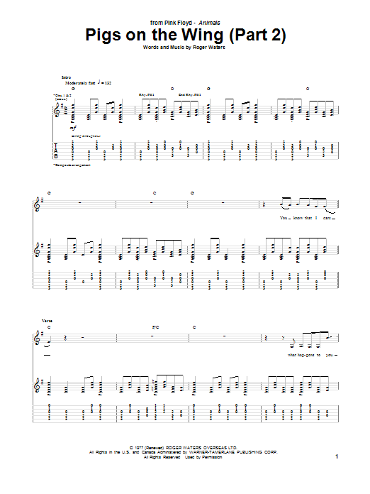Pink Floyd Pigs On The Wing Part 2 Sheet Music Pdf Notes Chords Rock Score Guitar Chords Lyrics Download Printable Sku 161700