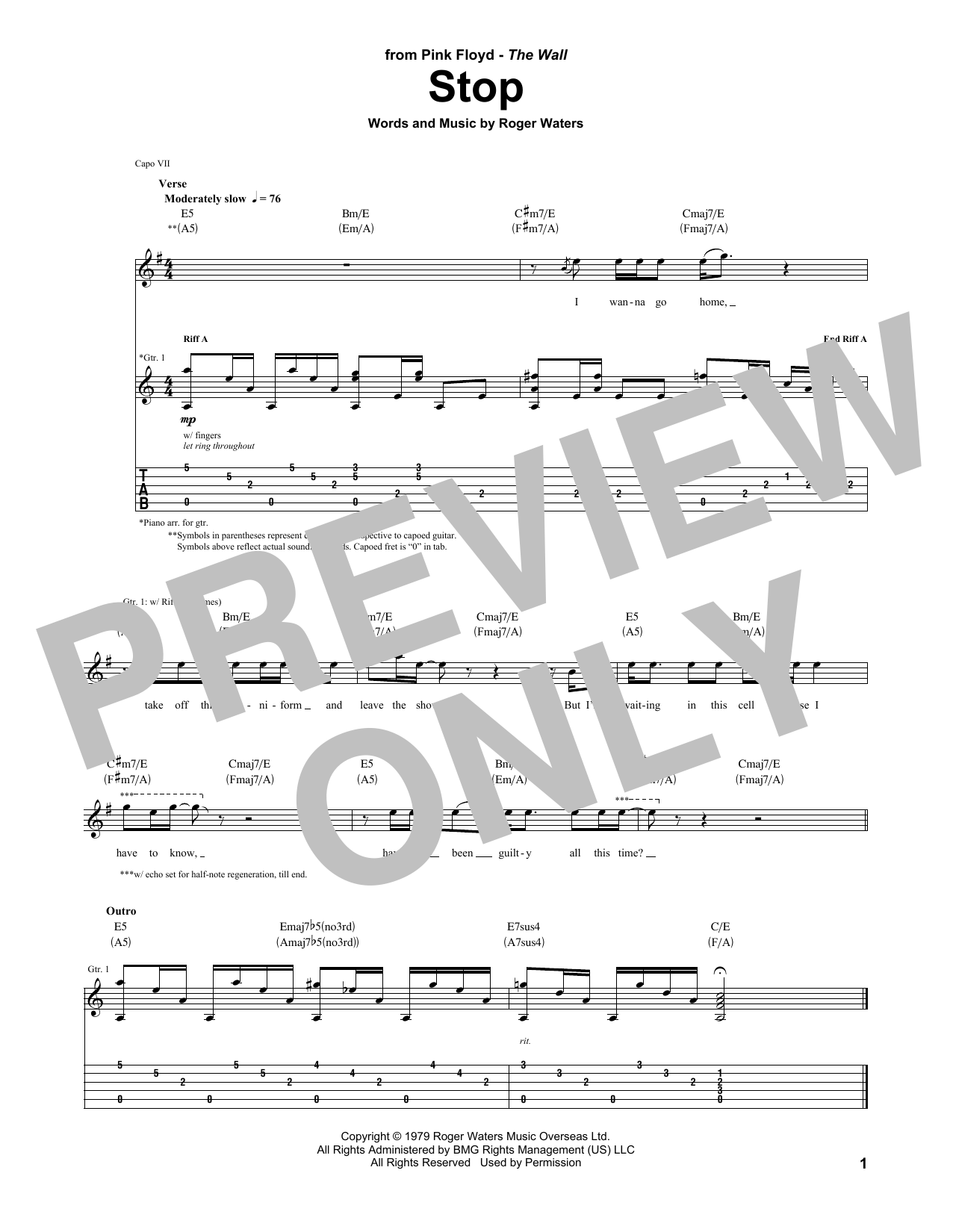 Pink Floyd Stop sheet music notes and chords. Download Printable PDF.