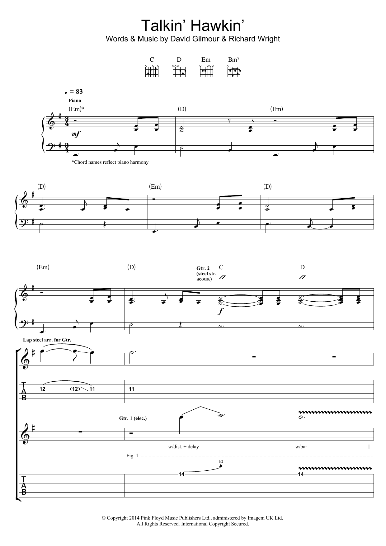 Pink Floyd Talkin' Hawkin' sheet music notes and chords. Download Printable PDF.