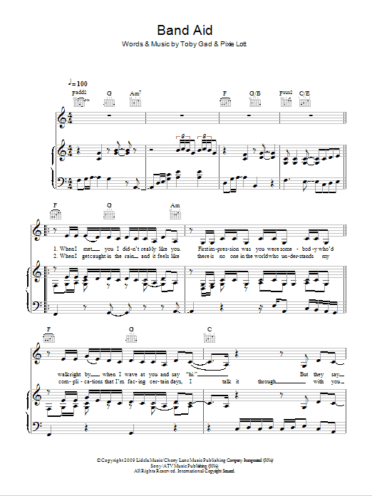 Pixie Lott Band Aid sheet music notes and chords. Download Printable PDF.