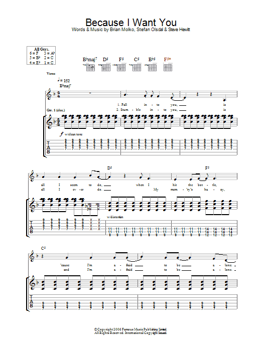 Placebo Because I Want You sheet music notes and chords. Download Printable PDF.