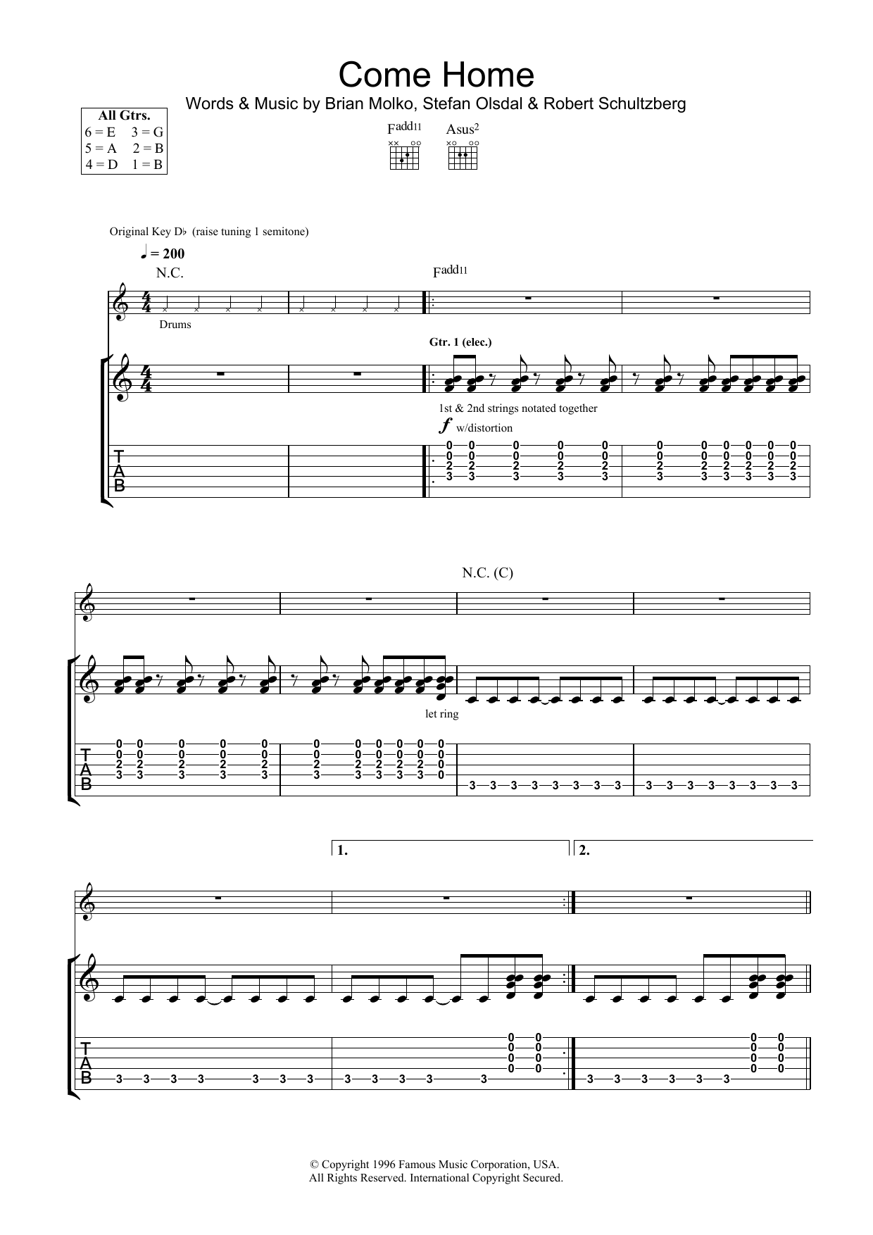 Placebo Come Home sheet music notes and chords. Download Printable PDF.