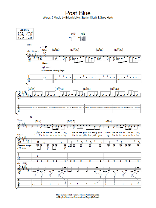 Placebo Post Blue sheet music notes and chords. Download Printable PDF.