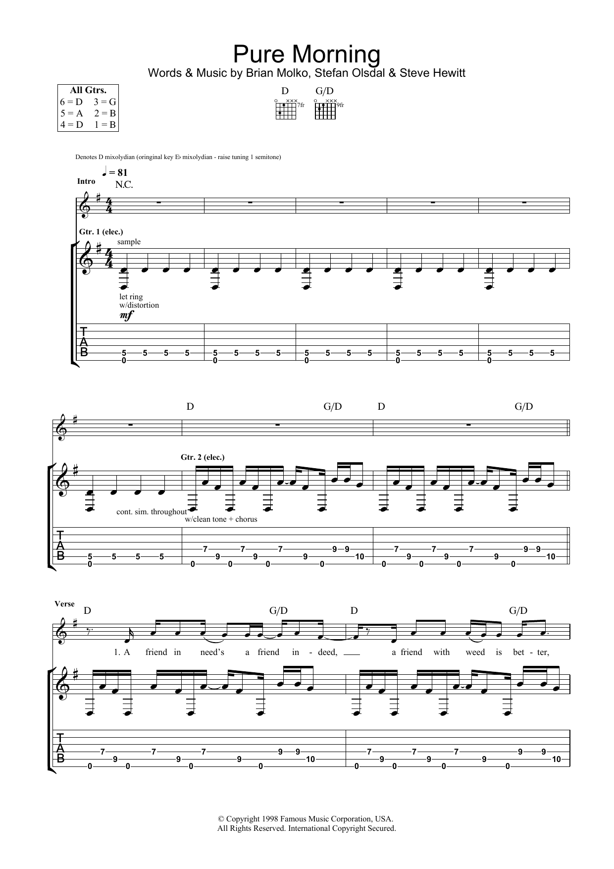 Placebo Pure Morning sheet music notes and chords. Download Printable PDF.