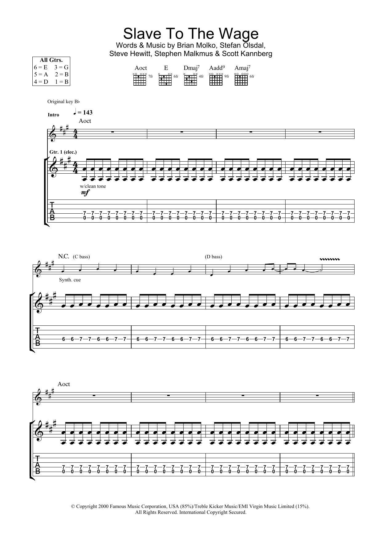 Placebo Slave To The Wage sheet music notes and chords. Download Printable PDF.