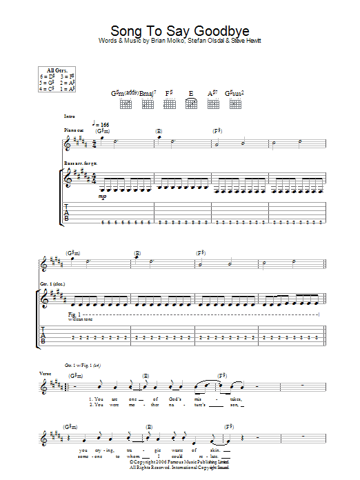 Placebo Song To Say Goodbye sheet music notes and chords. Download Printable PDF.