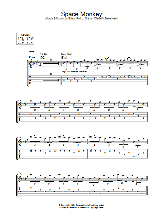 Placebo Space Monkey sheet music notes and chords. Download Printable PDF.