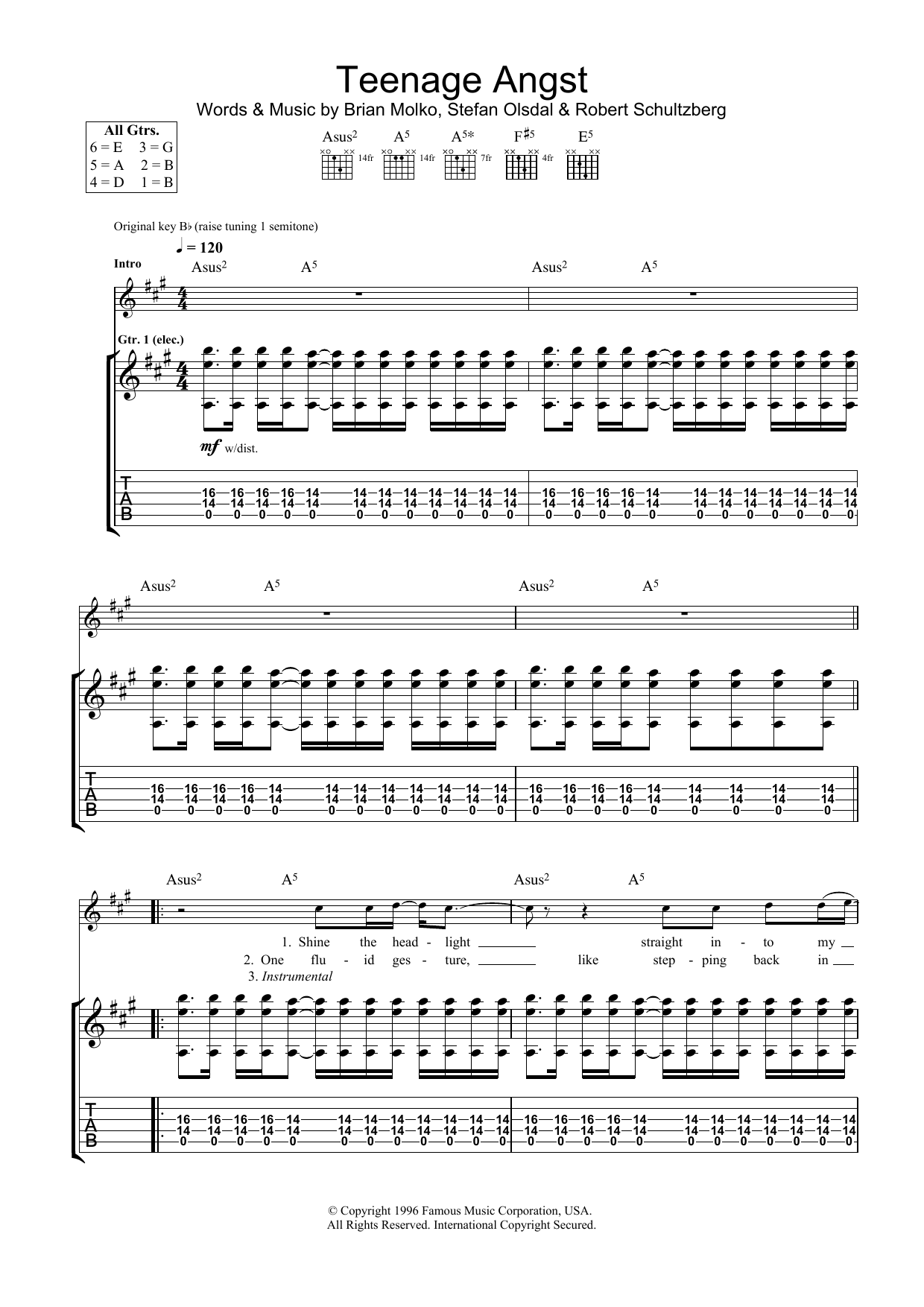 Placebo Teenage Angst sheet music notes and chords. Download Printable PDF.