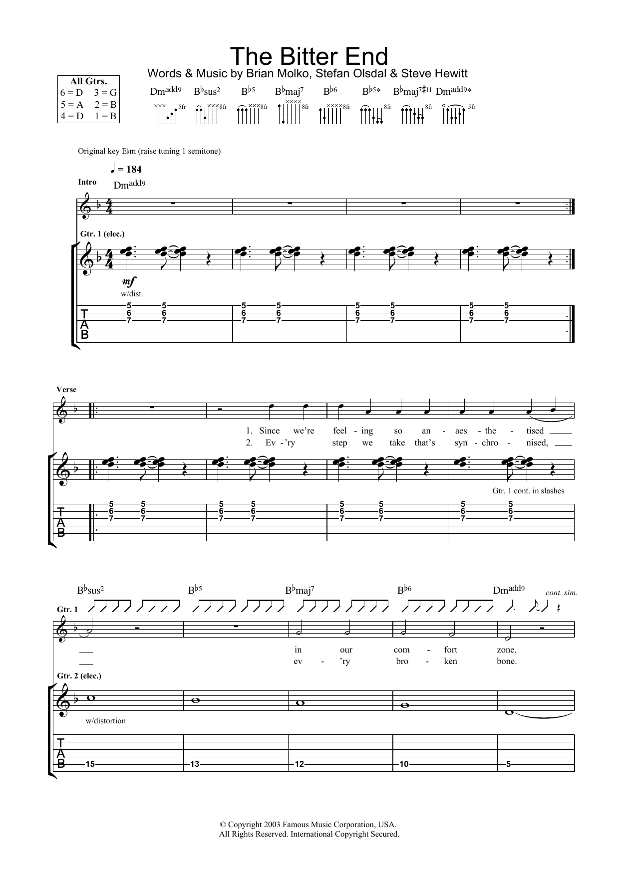 Placebo The Bitter End sheet music notes and chords. Download Printable PDF.