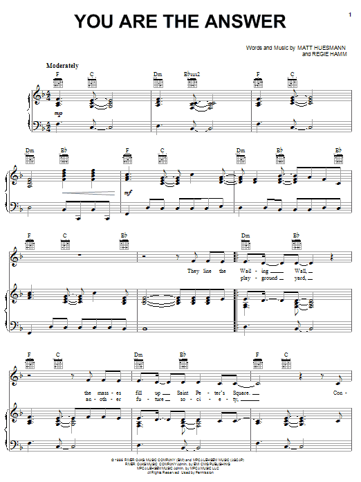 Point Of Grace You Are The Answer sheet music notes and chords arranged for Easy Piano