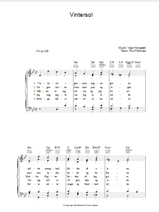 Learn to play Poul Feldvoss Vintersol sheet music for Piano, Vocal & Guitar (Right-Hand Melody) in minutes. Poul Feldvoss Vintersol sheet music notes and chords. Download Printable PDF.
