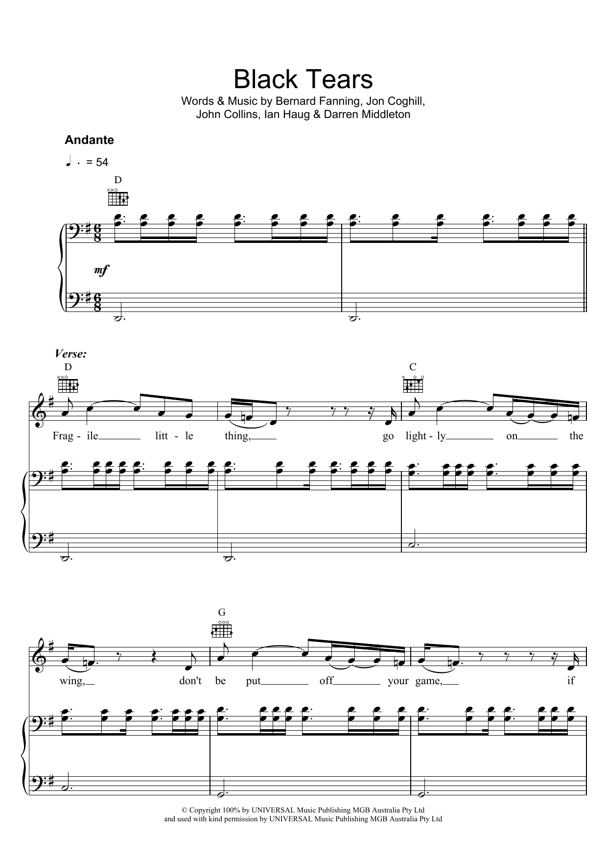 Powderfinger Black Tears sheet music notes and chords. Download Printable PDF.