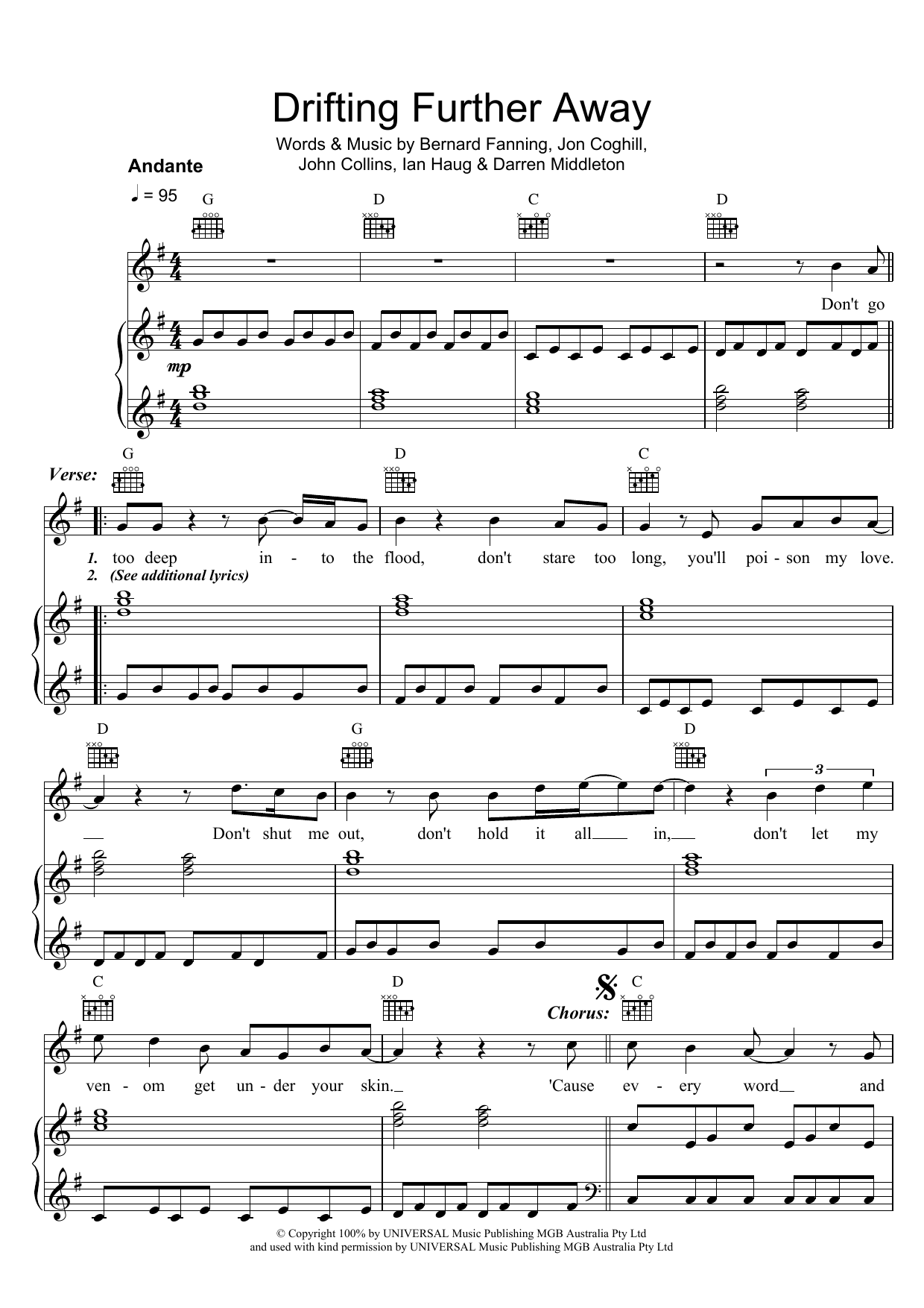 Powderfinger Drifting Further Away sheet music notes and chords. Download Printable PDF.