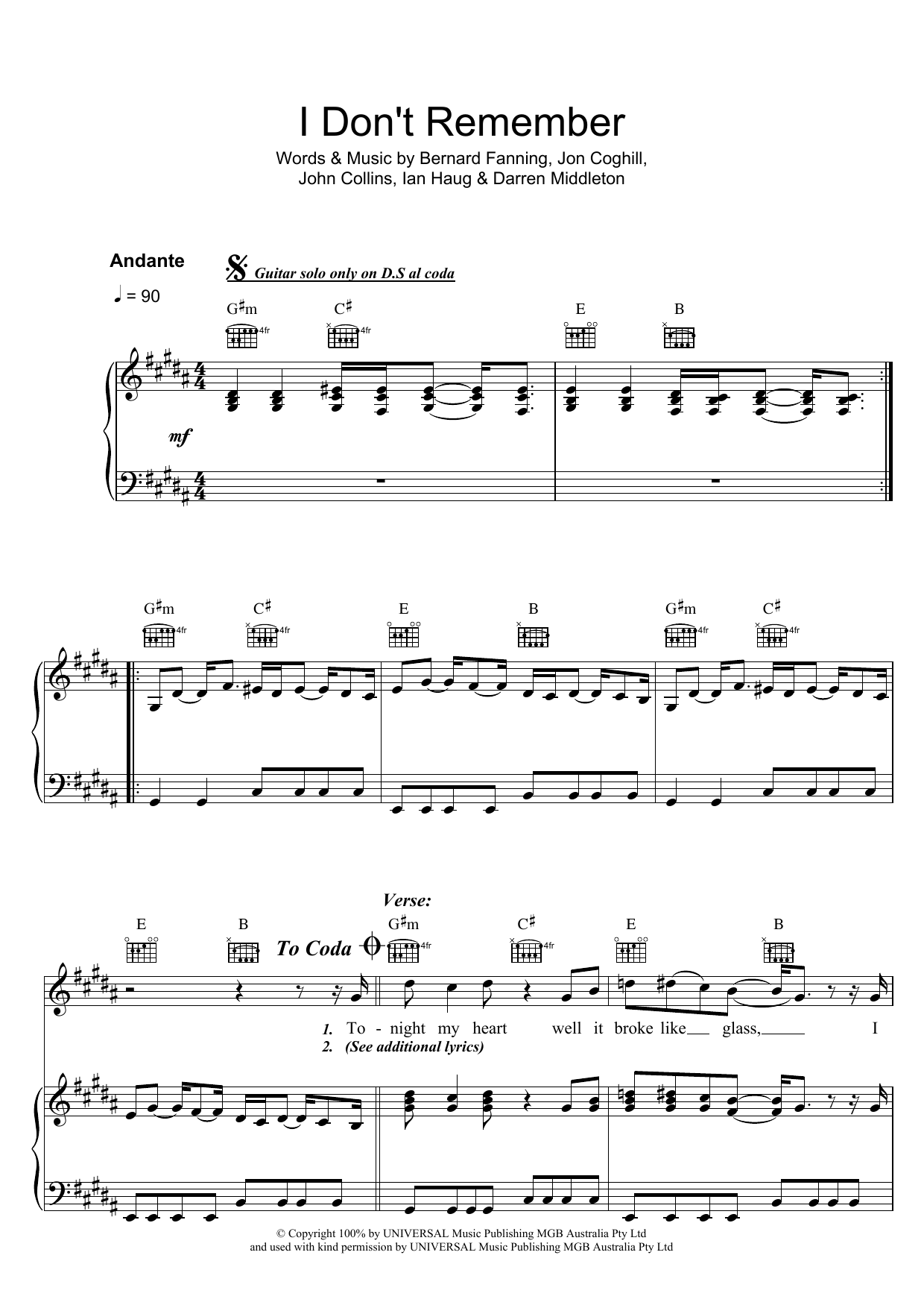 Powderfinger I Don't Remember sheet music notes and chords. Download Printable PDF.