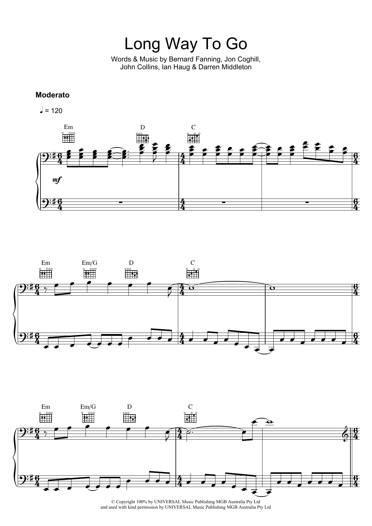 Powderfinger Long Way To Go sheet music notes and chords. Download Printable PDF.