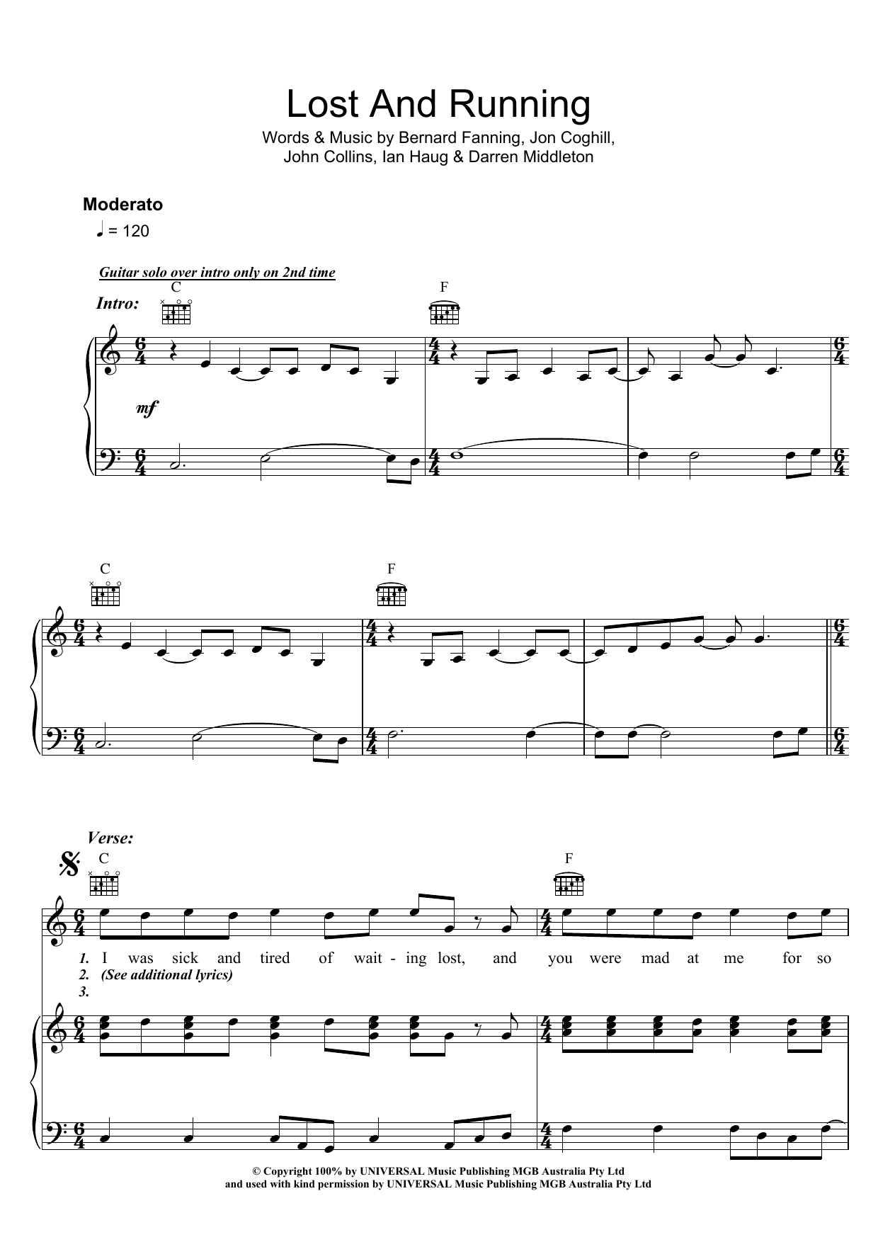 Powderfinger Lost And Running sheet music notes and chords. Download Printable PDF.