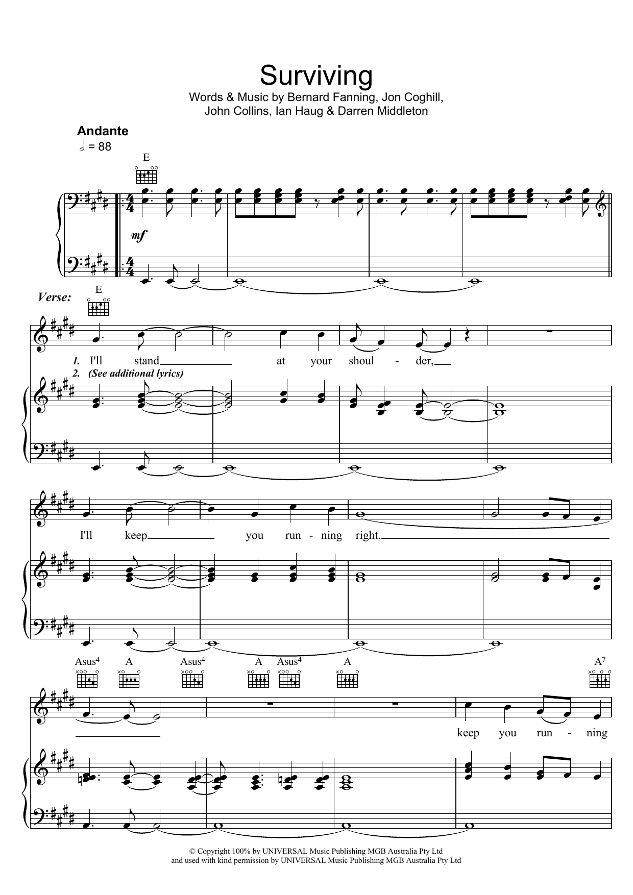 Powderfinger Surviving sheet music notes and chords. Download Printable PDF.