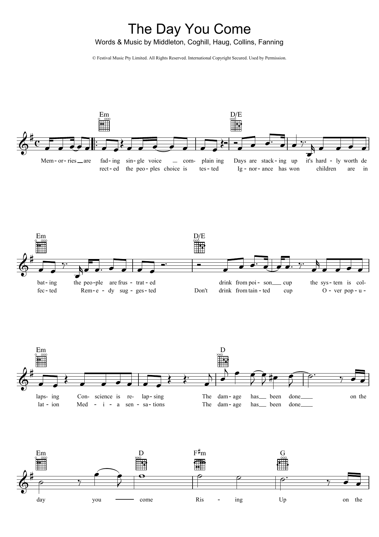 Powderfinger The Day You Come sheet music notes and chords. Download Printable PDF.