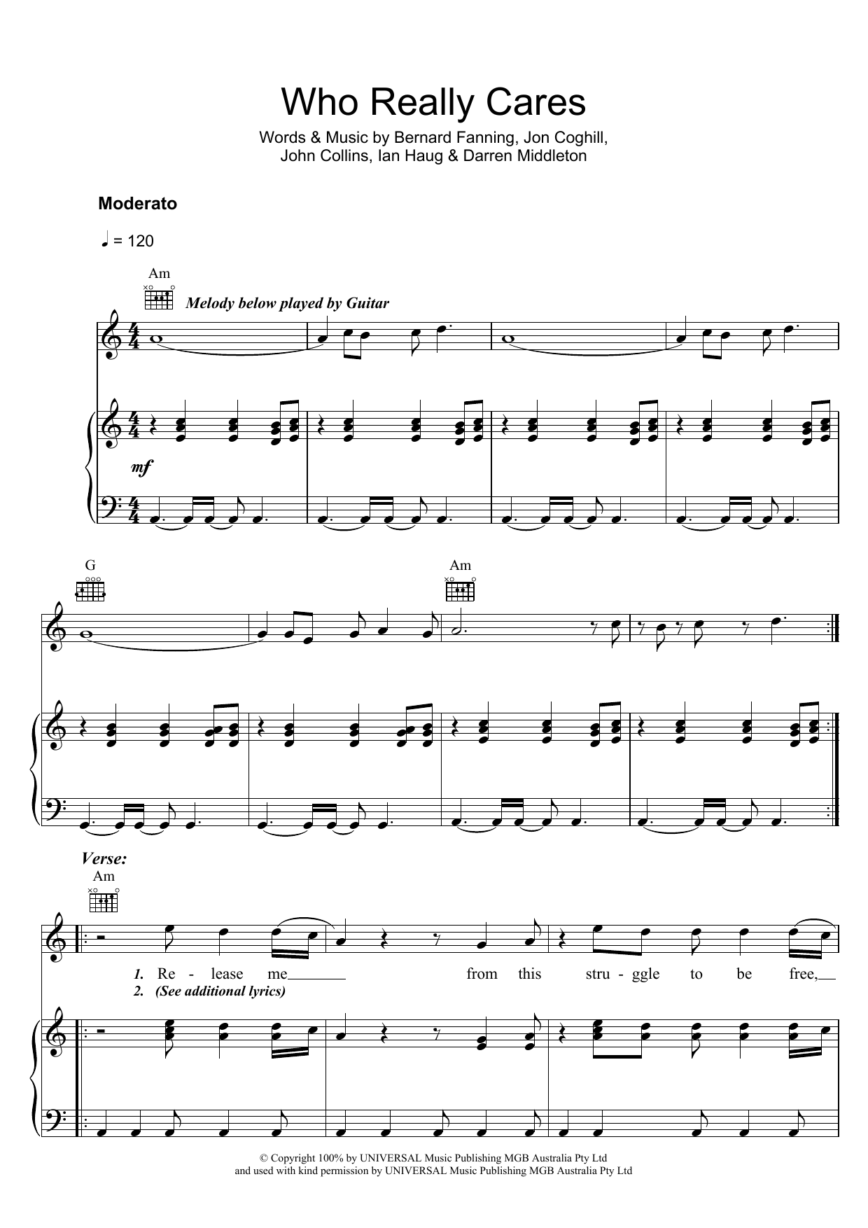 Powderfinger Who Really Cares sheet music notes and chords. Download Printable PDF.