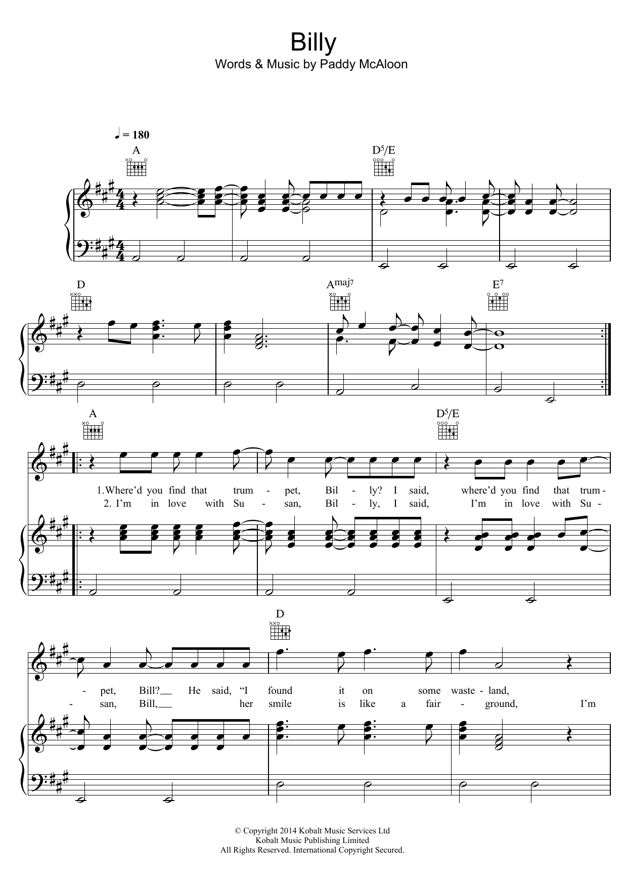 Prefab Sprout Billy sheet music notes and chords. Download Printable PDF.