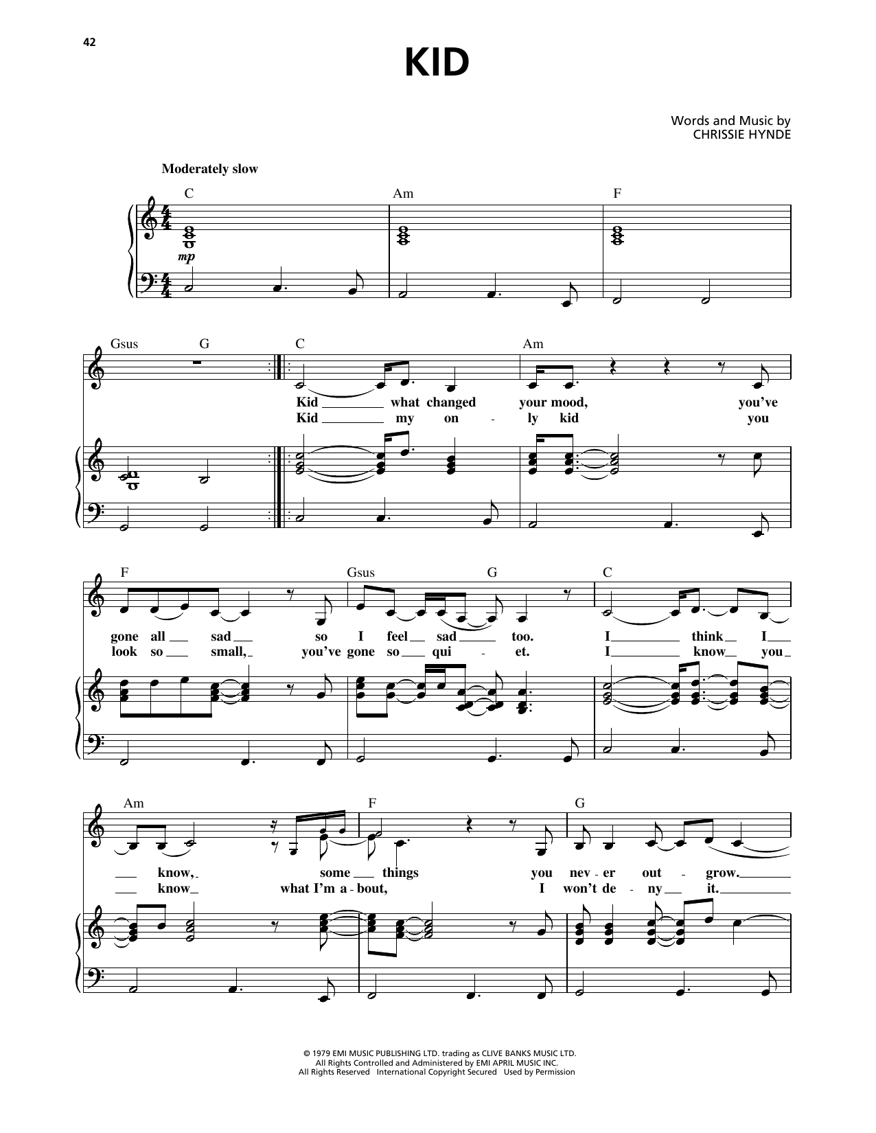 Pretenders Kid sheet music notes and chords. Download Printable PDF.