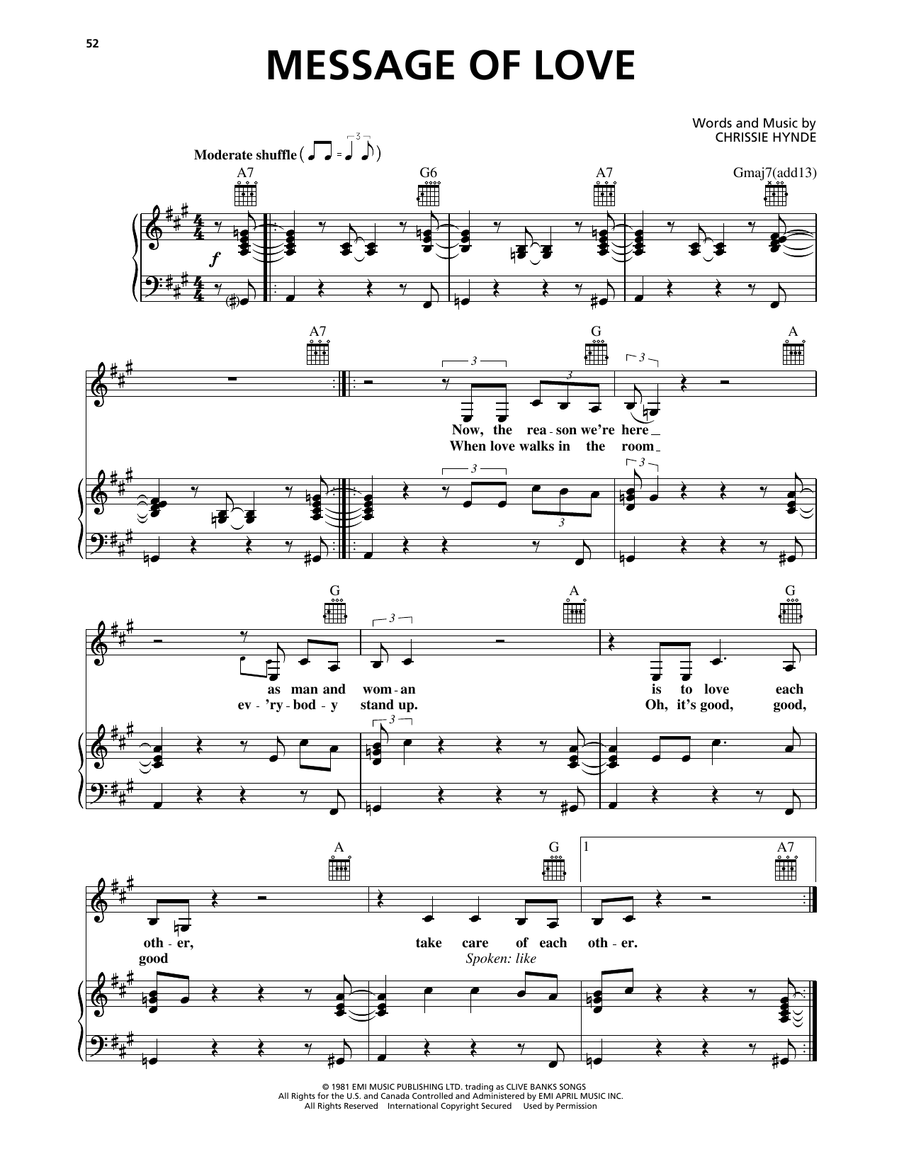 Pretenders Message Of Love sheet music notes and chords. Download Printable PDF.