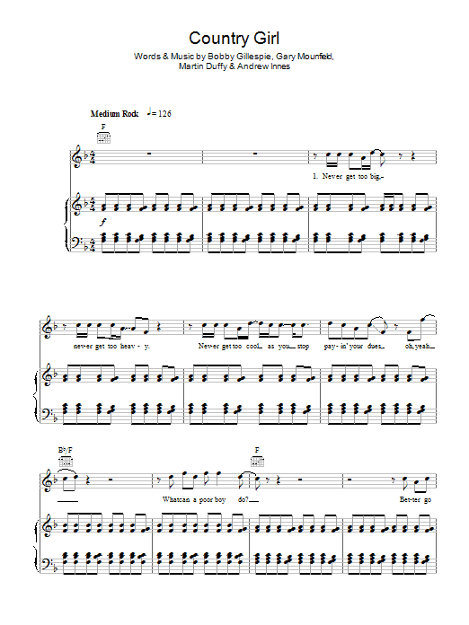 Learn to play Primal Scream Country Girl sheet music for Guitar Chords/Lyrics in minutes. Primal Scream Country Girl sheet music notes and chords. Download Printable PDF.