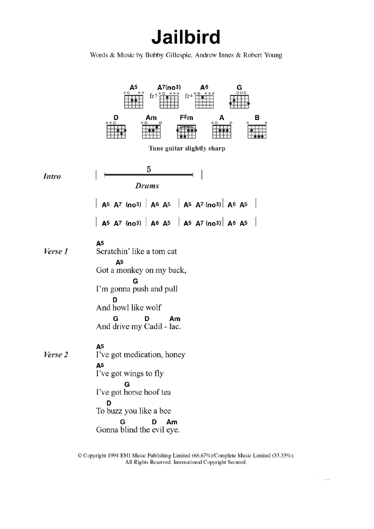 Primal Scream Jailbird sheet music notes and chords. Download Printable PDF.