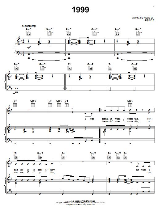 Prince 1999 sheet music notes and chords. Download Printable PDF.