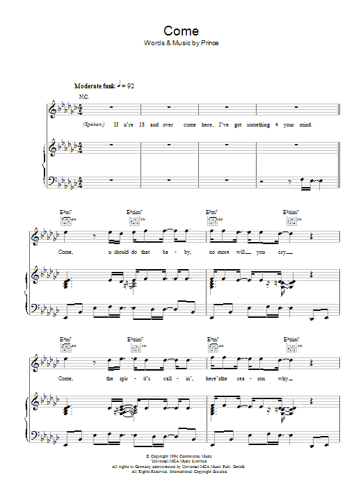 Prince Come sheet music notes and chords. Download Printable PDF.