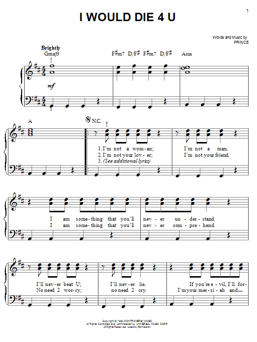Learn to play Prince I Would Die 4 U sheet music for Easy Piano in minutes. Price: 6.9900$ Prince I Would Die 4 U sheet music notes and chords arranged for Easy Piano