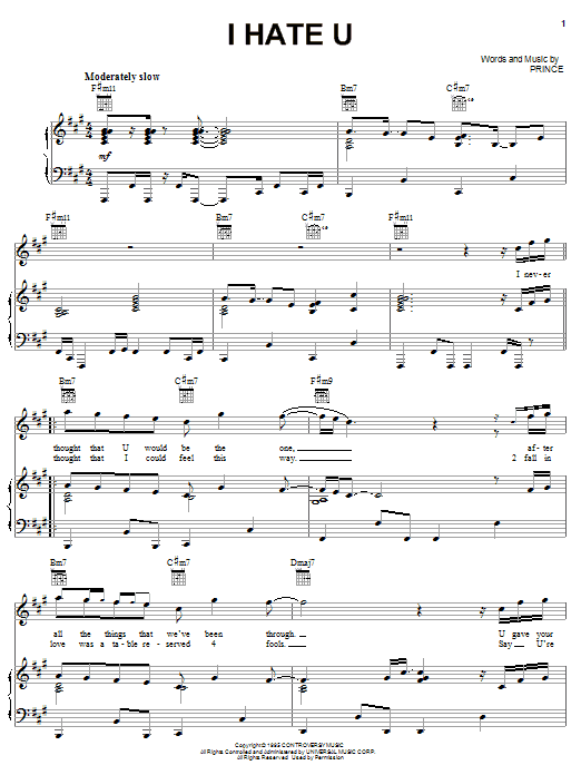 Prince I Hate U sheet music notes and chords. Download Printable PDF.