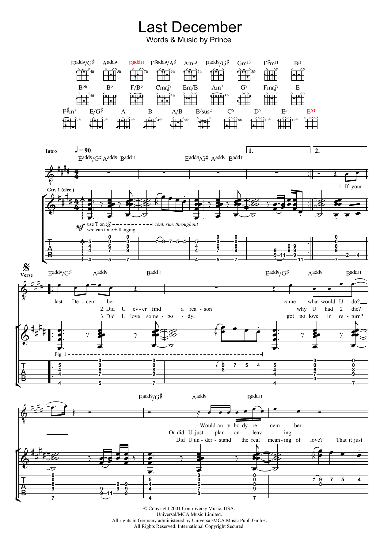 Prince Last December sheet music notes and chords. Download Printable PDF.