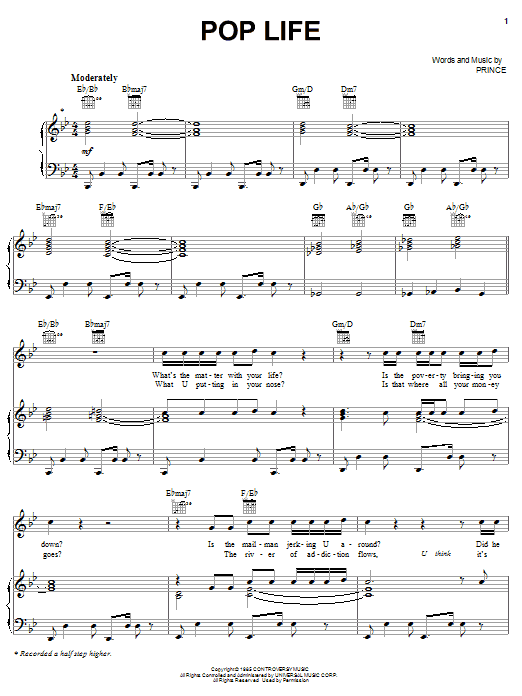 Prince "Pop Life" Sheet Music PDF Notes, Chords Funk Score Piano, Vocal & Guitar (Right-Hand Melody) Printable. SKU: 59570