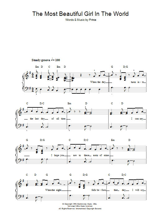 Prince The Most Beautiful Girl In The World sheet music notes and chords. Download Printable PDF.