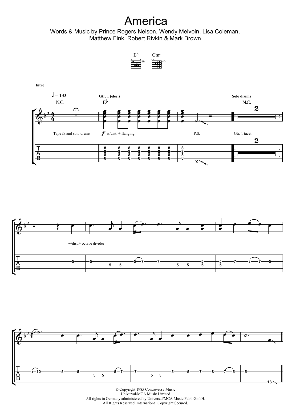 Prince & The Revolution America sheet music notes and chords. Download Printable PDF.